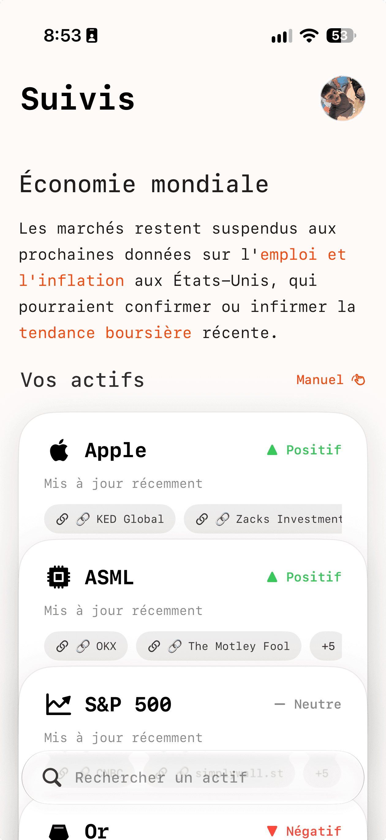 Écran Bref montrant les actifs suivis et leur actualité